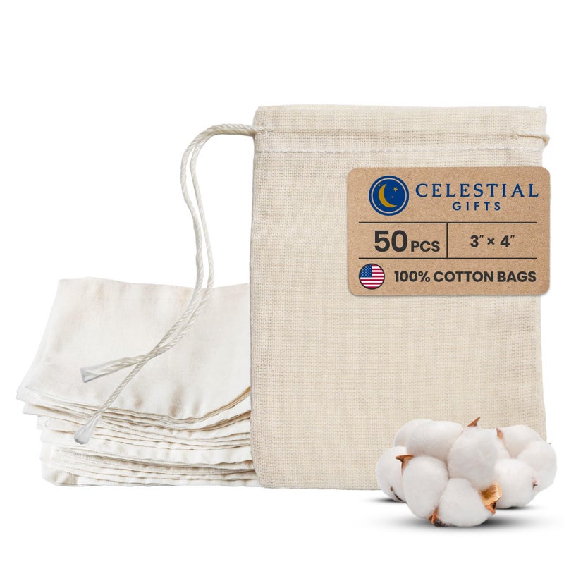 Celestial Gifts Muslin Bags Drawstring Small 50pcs 3x4 Reusable Tea Bags Jewelry Gift Spice and Cotton Gift Sachet 100 Cotton Made in USA Natural Hem Drawstring